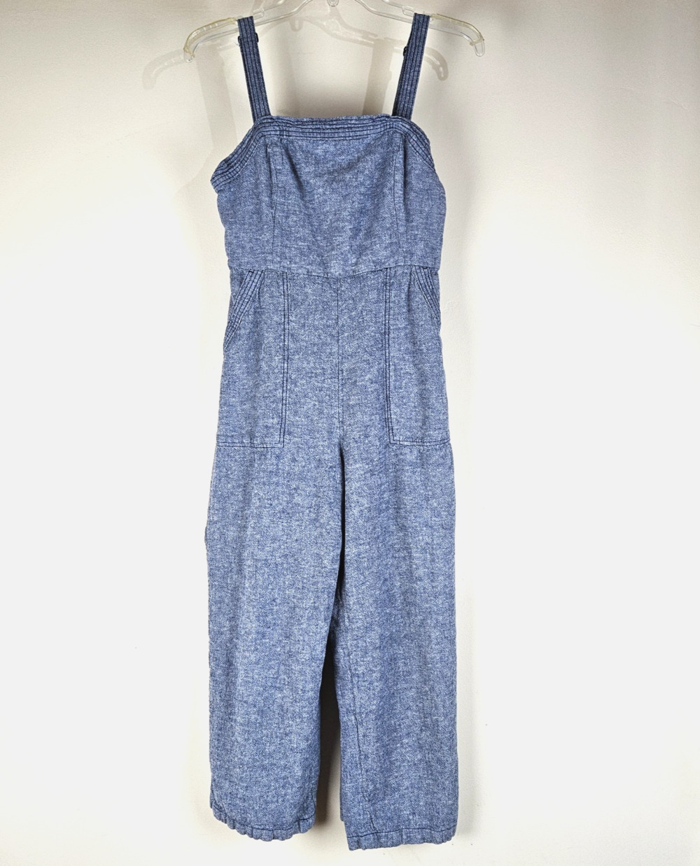 Old Navy Fit and Flare Linen Blend Jumpsuit Size M Blue fitted top flared leg